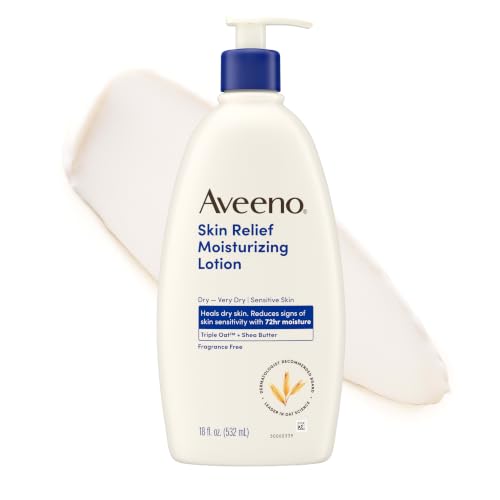 Aveeno Skin Relief Moisturizing Body Lotion Heals Very Dry, Sensitive Skin, Fast Absorbing Lotion with Soothing Triple Oat & Shea Butter Formula, Fragrance Free Lotion, Non-Comedogenic, 18 Fl Oz