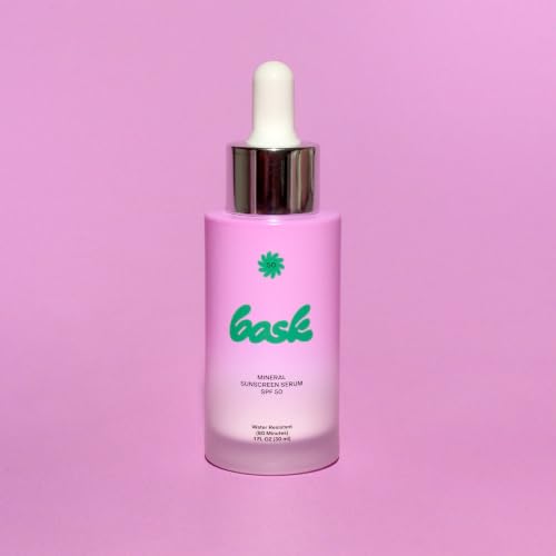 Bask SPF 50 Mineral Face Sunscreen Serum - Fragrance Free, Reef Safe, Broad Spectrum UVA/UVB Protection, Dermatologist Recommended, Hydrating, Lightweight & Fast-Absorbing, 1 oz