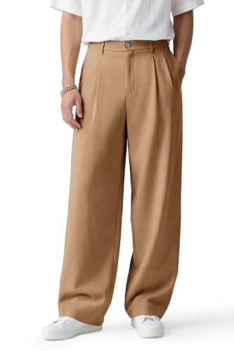 Heyfanee Mens Casual Dress Pants Loose Fit Wrinkle Free Trousers for Men Relaxed Fit Chinos Khaki 34