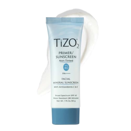 TiZO2 Facial Mineral Sunscreen and Primer SPF 40 Broad Spectrum with Antioxidants, Non-Tinted, Sheer Matte Finish, Fragrance-Free, Oil-Free, Dermatologist-Recommended, PA++++ 1.75 oz
