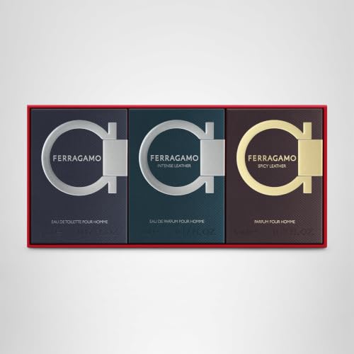FERRAGAMO Pour Homme 3 Piece Mini Gift Set for Men: Eau de Toilette, Intense Leather Eau de Parfum, Spicy Leather Eau de Parfum - 3 x Deluxe Miniature 0.17 Fl. Oz.