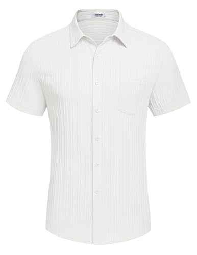 COOFANDY Button Down Shirt Men Short Sleeve Shirt Button Up Shirts for Men Linen Shirts for Men Summer Beach Shirt A-White