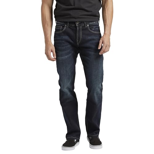 Silver Jeans Co. Men's Allan Slim Fit Straight Leg Jeans, Dark Wash BBS491, 32W x 34L