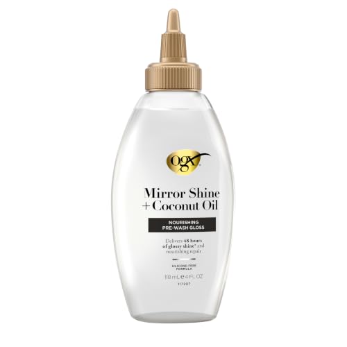 OGX Mirror Shine + Coconut Oil Pre-Wash Hair Gloss, Nourishing Rinse Out Hair Treatment for 48 Hours of Glossy Shine & Damage Repair, Lightweight Oil Mends Split Ends, 4 fl. oz