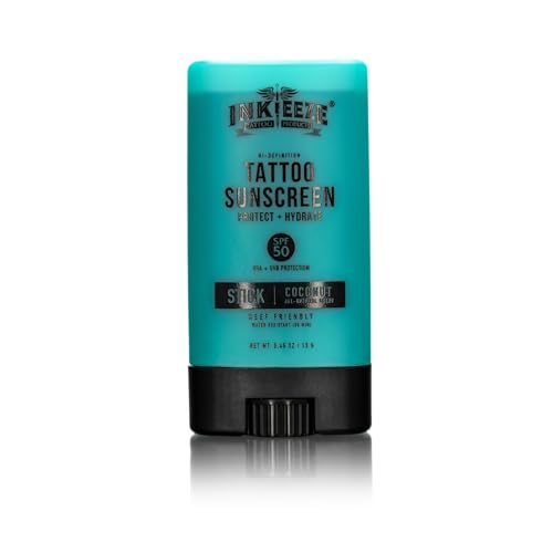 INK-EEZE Tattoo Sunscreen Stick SPF 50, Ink Shield, UVA/UVB Blocking, Dries Clear, Ozone Reef Friendly, Vegan, Made in USA, Coconut, 0.5oz Stick