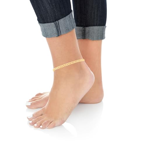 Floreo 10k Yellow Gold 4mm Curb Cuban Chain Bracelet and Anklet, 10 Inch