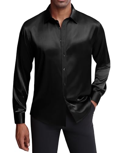 J.VER Men's Luxury Long Sleeve Dress Shirt Shiny Silk Like Satin Regular fit Shirts for Wedding Party Prom Shirt Black Medium