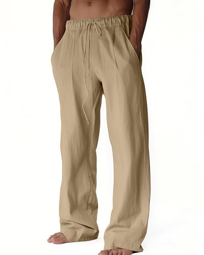BUXKR Men's Linen Pants Beach Casual Cotton Summer Lightweight Elastic Waist Drawstring with Deep Pockets Coffee
