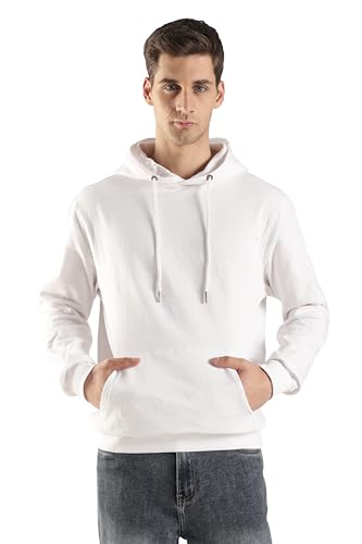 Klizzer Luxury Men's 100% Cotton Pullover Hoodie, Fleece Hooded Sweatshirt With Front Pocket (White, XL)