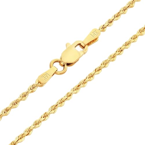Nuragold 14k Real Yellow Gold Rope Chain Solid Diamond Cut Necklace - 1.5mm - 28"