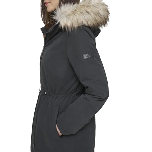 DKNY Women's Faux-Fur Trim Anorak Coat, Black