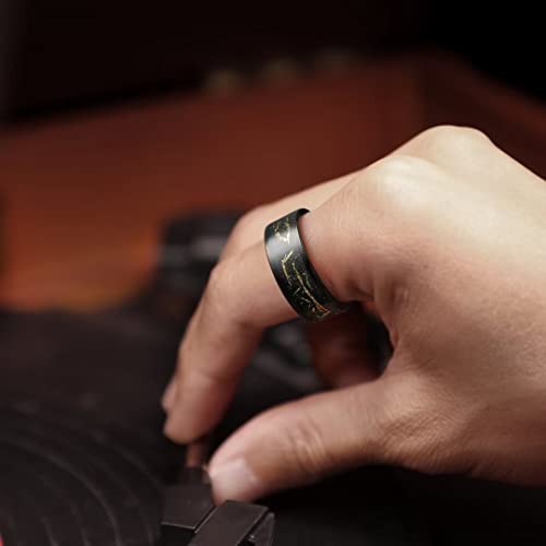 King Will 8mm Tungsten Carbide Ring for Men Black Wedding Band Sandstone Gold Foil Inlay High Polished-9.5