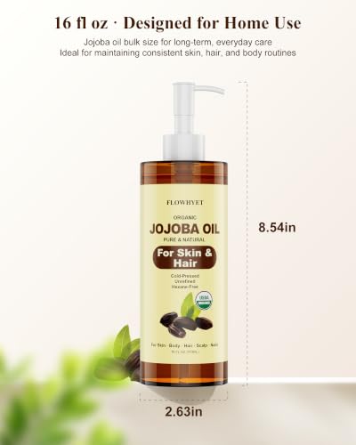FLOWHYET USDA Organic Jojoba Oil Cold Pressed, 100% Pure, 16 fl oz, 2 Pack