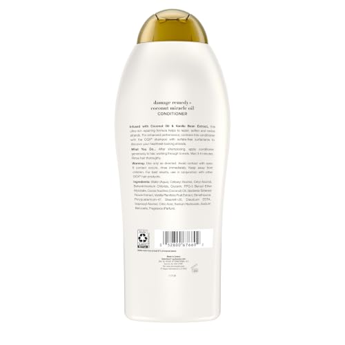 OGX Extra Strength Damage Remedy + Coconut Miracle Oil Conditioner for Dry, Damaged Hair, Hydrating Conditioner Repairs, Softens, & Helps Control Frizz, Formulated without Parabens, 25.4 fl. oz