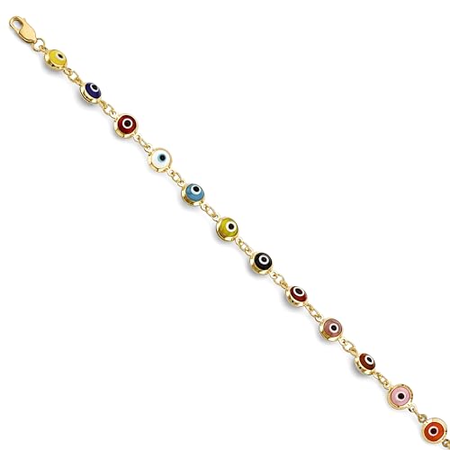 14k REAL Yellow Gold Multi Color Evil Eye Bracelet - 7.25"