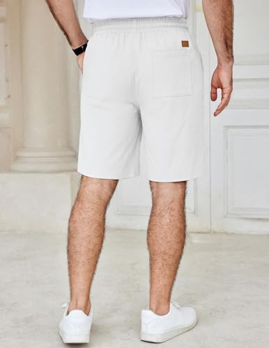 COOFANDY Men's Casual Shorts Cotton Elastic Waist Drawstring Shorts Lightweight Summer Beach Shorts White