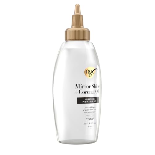 OGX Mirror Shine + Coconut Oil Pre-Wash Hair Gloss, Nourishing Rinse Out Hair Treatment for 48 Hours of Glossy Shine & Damage Repair, Lightweight Oil Mends Split Ends, 4 fl. oz