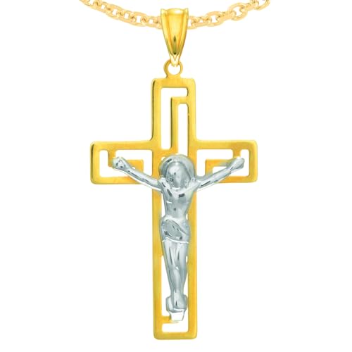 Floreo 14k Yellow Gold 1.1" Greek Key Jesus Crucifix Two-Tone Cross Charm Pendant with Adjustable Chain Necklace, 18 Inch