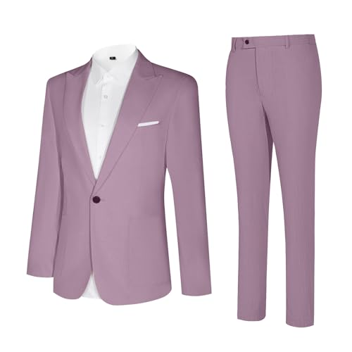 Diaryan Linen Men Suits Casual Tuxedo Regular Fit Lilac 2 Piece Blazer One Button Formal Jacket Pants for Wedding Party L