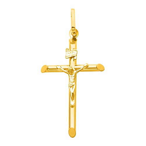 The World Jewelry Center 14k Real Yellow Gold Crucifix Cross Pendant with 1mm Braided Square Wheat Chain Necklace - 20"