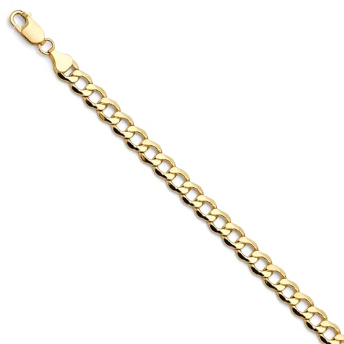 14k REAL Yellow Gold 4.5mm Bevelled Hollow Cuban Curb Chain Bracelet with Lobster Claw Clasp - 7.5"
