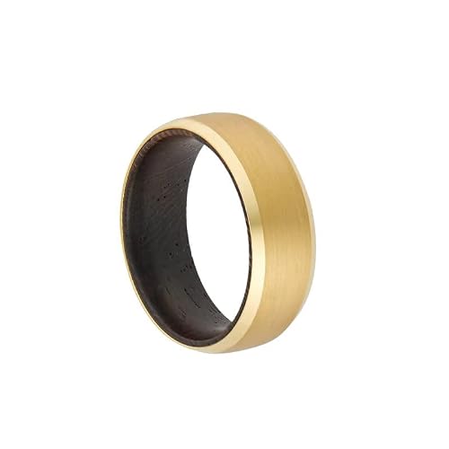 14K Gold Ring with Wenge Wood Tungsten Rings for Men Wedding Bands Yellow Gold Wedding Rings for Men with Wooden Inlay