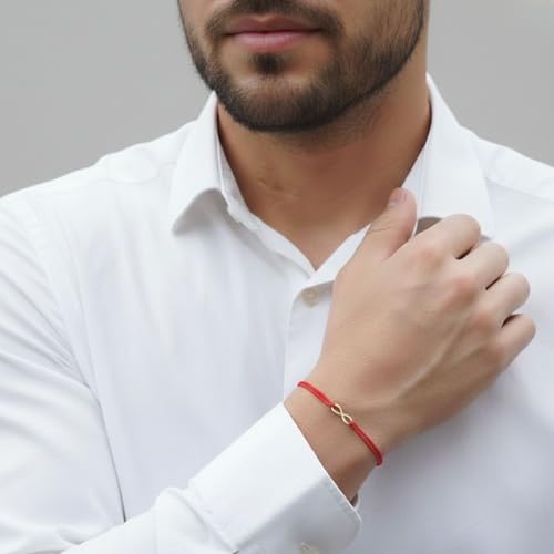 Luck Strings 14k Solid Gold Infinity Cord Bracelet String Charm Adjustable Jewelry Unisex Rope Thread Bracelets for Women Men (Red)