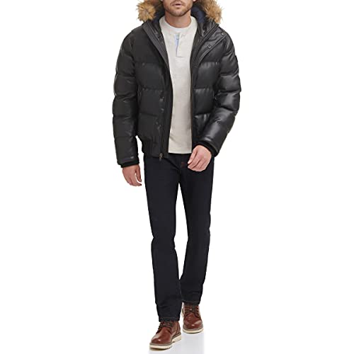 Tommy Hilfiger Men's Quilted Arctic Cloth Snorkel Bomber Jacket with Removable Hood (Standard and Big & Tall), Black Faux Leather, XX-Large