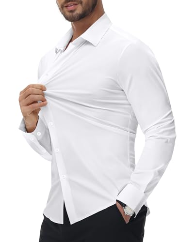 Alimens & Gentle Stretch Mens Dress Shirts Tuxedo Shirts for Men Slim Fit Long Sleeve Casual Skinny Muscle Fit Wrinkle Free Button Down Shirt White