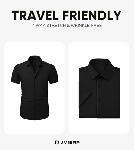 JMIERR Muscle Dress Shirts for Men Muscle Fit Stretch Casual Button Down Short Sleeve Wrinkle-Free Shirt,M,Black