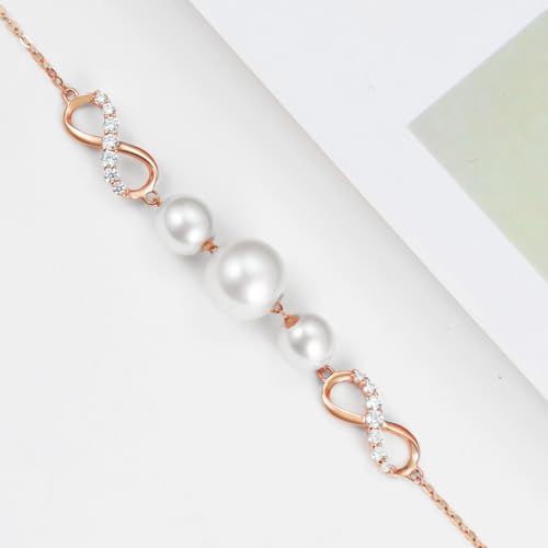 SISGEM 10k Rose Gold Created Moissanite and Freshwater Cultured Pearl Infinity Bracelet for Women, Real 14kt Gold Love Jewelry Gifts for Her, 6.8"-8.4"