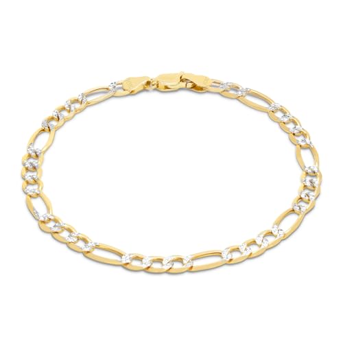 Nuragold 10k Real Yellow Gold Figaro 5.5mm Pave Diamond Cut Chain Bracelet - 8"