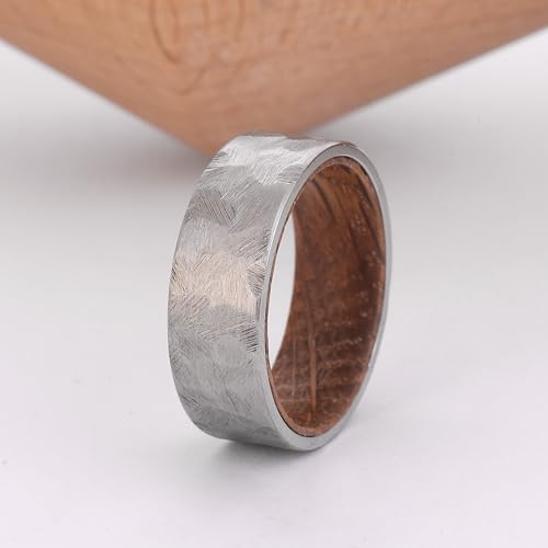 Adreamz 8mm Silver Hammered Stainless Steel Ring Whiskey Barrel Wood Inner Hole Inlaid Fashion Promise Wedding Band for Men Women Comfort Ring Size 11.5