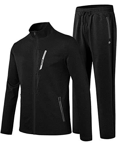 MoFiz Men's Tracksuits Full Zip Track Suits For men Solid Jogger Sets Windbreakers Jacket Track Pants 2 Piece Sets With 5 Pockets Classic Black L