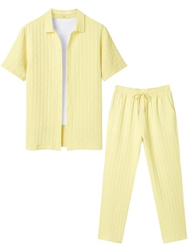 LecGee Men Walking Suits Casual Short Sleeve Shirt and Loose Long Pants Tracksuit 2 Piece Set(Yellow,X-Large)