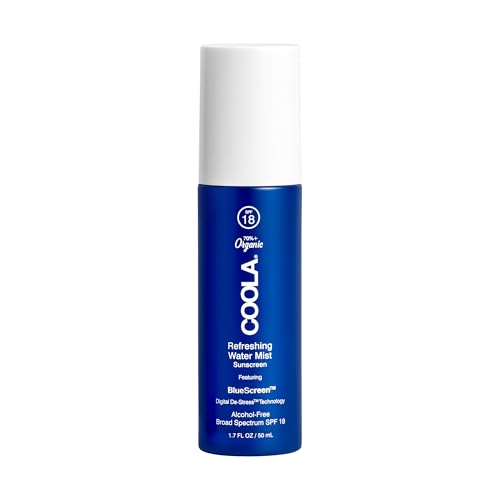 COOLA Organic Refreshing Water Mist Face Moisturizer with SPF 18, Dermatologist Tested Face Sunscreen with Plant-Derived BlueScreen Digital De-Stress Technology, 1.7 Fl Oz