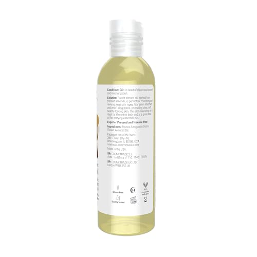 NOW Foods Solutions, Sweet Almond Oil, 100% Pure Moisturizing Oil, Promotes Healthy-Looking Skin, Unscented , 4-Ounce