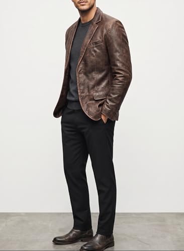 RABCHI Men’s Real Lambskin Leather Blazer – Casual 2 Button Sport Coat Jacket, Black Genuine Leather Blazer for Men (US, Alpha, Medium, Regular, Regular, Dark Brown Distressed)