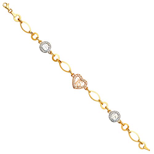 The World Jewelry Center 14k Tri Color Gold 15 Years CZ Bracelet - 7.25"