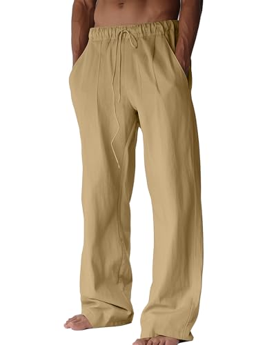 BUXKR Men's Linen Pants Beach Casual Cotton Summer Lightweight Elastic Waist Drawstring with Deep Pockets Khaki