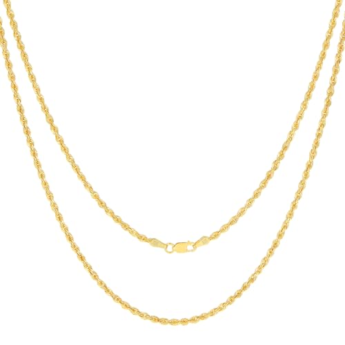 Nuragold 10k Real Yellow Gold Rope Chain 2.5mm Diamond Cut Italian Necklace - 24"