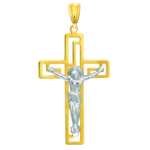 Floreo 14k Yellow Gold 1.1" Greek Key Jesus Crucifix Two-Tone Cross Charm Pendant with Adjustable Chain Necklace, 18 Inch