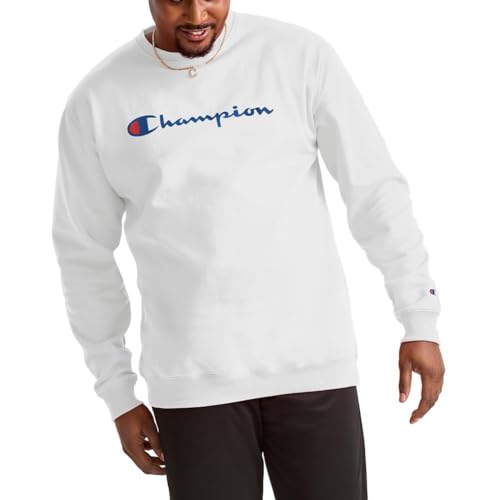 Champion Men's Crewneck Fleece Sweatshirt, Standard Fit, Midweight, Script Logo, Available in Regular and Big & Tall, White - Classic Script Logo, Large