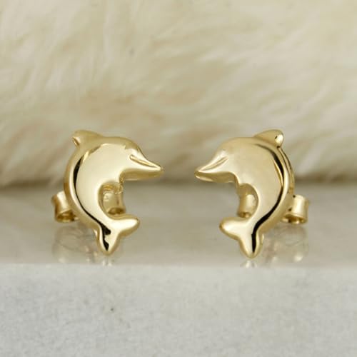 10k Solid Gold Ear Studs, Real Gold Stud Earrings, Dainty Gold Earrings, Minimalist Gold Ear Studs - Serena Sparkles (Dolphin)