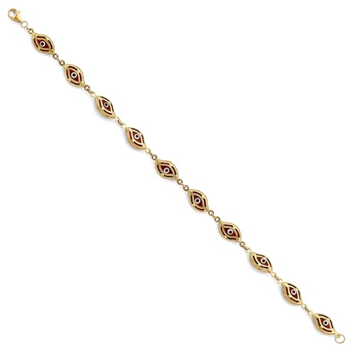 14k REAL Yellow Gold Red Evil Eye Bracelet - 7.5"