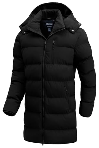 CTFASHION Mens Winter Coats Long Bubble Jacket Quilted Puffer Jackets Warm Thick Insulated Windproof Outdoor Padded Parka Coat Hooded Waterproof Thicken Puffy Down Windbreaker Black L