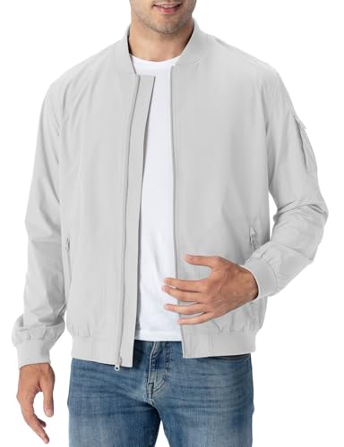 Rdruko Men's Lightweight Bomber Jacket Casual Stylish Fashion Coat Windbreaker(Sliver White, US XXL)