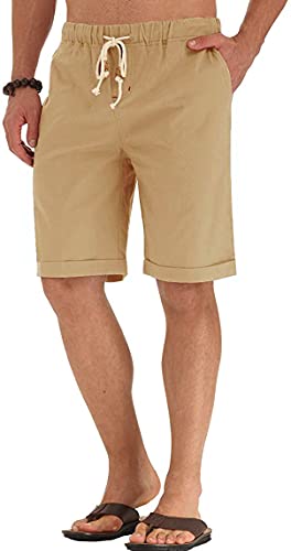 Sailwind Men’s Linen Shorts Casual Drawstring Summer Beach Shorts US Large Khaki