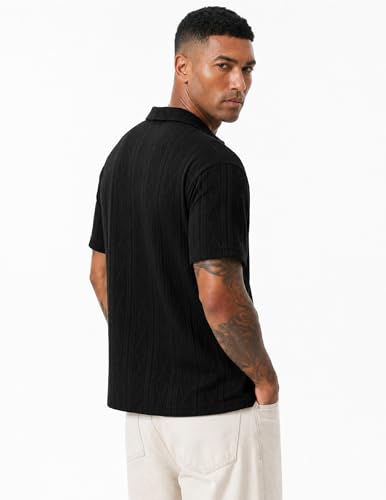 JMIERR Polo Shirts for Men Classic Fit Short Sleeve Loose Casual Soft Button Old Money Textured Cable Knit Shirt Quiet Luxury Clothes, XL, Black