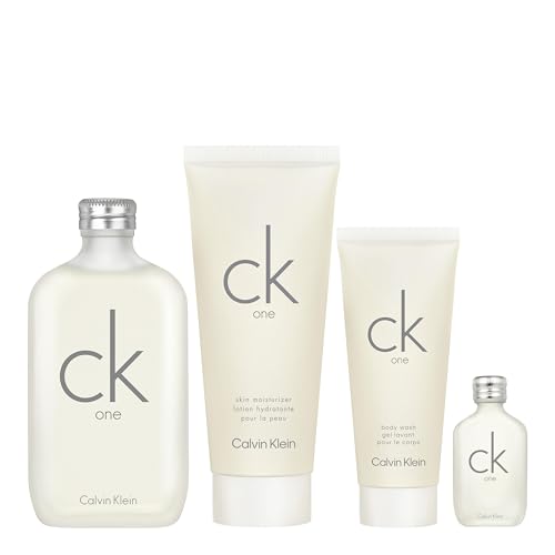 Calvin Klein CK One Eau de Toilette 4-Piece Gift Set ($159 Value) – 6.7 oz EDT, 0.5 oz EDT, 6.7 oz Body Lotion, 3.3 oz Shower Gel – With Notes of Green Tea – Long-Lasting Unisex Fragrance